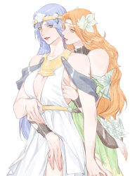 Rule 34 | 2girls, alternate form, bare shoulders, belt, blue hair, bracelet, breasts, chinese commentary, circlet, cleavage, collarbone, commentary request, cowboy shot, detached sleeves, dress, final fantasy, final fantasy xiv, flower, green dress, green eyes, hair ornament, hand on another&#039;s chest, hand on another&#039;s thigh, hand under clothes, highres, jewelry, leaf hair ornament, llymlaen, long hair, looking at another, multiple girls, neck ring, nophica, orange hair, parted lips, plunging neckline, pouch, simple background, sleeveless, sleeveless dress, standing, wavy hair, white background, white dress, white flower, wo dou gao shi&#039;er shennu, yuri