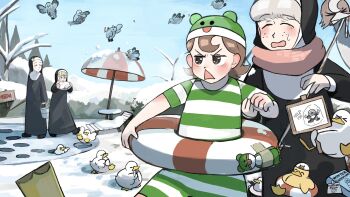 Rule 34 | > <, 4girls, baby animal, beach chair, beach umbrella, bird, blonde hair, blue eyes, book, breath, brown eyes, brown hair, bucket, bush, chicken, closed eyes, clumsy nun (diva), commentary, diva (hyxpk), diving, doll, duck, duckling, english commentary, fishing rod, flippers, flying, footprints, freckles, frog, frog hat, froggy nun (diva), grey hair, habit, highres, holding, holding bucket, holding fishing rod, hole, ice, licking, lifebuoy, little nuns (diva), mittens, mouth hold, multiple girls, nun, nun headdress, old-fashioned swimsuit, open mouth, ostrich, outdoors, pigeon, pond, pulling back, rope, sheep nun (diva), sign, sky, slice of life, star (symbol), star nun (diva), swim cap, swim ring, table, tongue, tongue out, traditional nun, trembling, triangle mouth, umbrella, winter