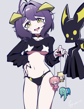 1girl 1other 3qaq absurdres alternate_costume antenna_hair bare_legs black_choker black_nails black_panties black_shirt breasts character_doll choker cowboy_shot cropped_shirt curled_horns dated demon_girl demon_horns doll dot_nose eyebrows eyelashes facial_mark fang fingernails floating grey_background hanabishi_haruka hand_on_own_hip hand_up highres hiiragi_utena horns laughing levitation light_blush long_fingernails long_sleeves looking_at_object looking_down magia_azure magia_baiser magia_magenta magia_sulfur magical_girl mahou_shoujo_ni_akogarete medium_breasts medium_hair midriff minakami_sayo nail_polish navel no_pants open_mouth pale_skin panties petite puppet puppet_strings purple_hair shirt simple_background smile smug standing star-shaped_pupils star_(symbol) symbol-shaped_pupils tenkawa_kaoruko underboob underwear venalita yellow_eyes yellow_horns