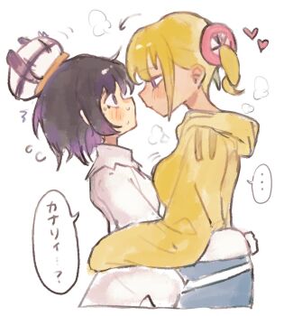 ... 2girls arms_around_waist black_hair blonde_hair blush canari_(pokemon) chamopichamo closed_mouth coat commentary flying_sweatdrops from_side gradient_hair gwynn_(pokemon) hat heart highres jacket long_sleeves looking_at_another multicolored_hair multiple_girls nintendo pokemon pokemon_legends:_z-a purple_eyes purple_hair short_hair speech_bubble spoken_ellipsis sweat translated white_background white_coat yellow_jacket yuri