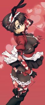 1girl absurdres animal_ears ass bikini black_bodystocking black_gloves black_hair blush boots breasts camouflage camouflage_bikini camouflage_thighhighs closed_mouth earrings erakin fake_animal_ears girls_und_panzer gloves green_eyes highres jewelry large_breasts looking_at_viewer microskirt military_uniform playboy_bunny rabbit_ears red_background short_hair simple_background skirt smile solo st._gloriana&#039;s_military_uniform swimsuit thigh_boots thighhighs vanilla_(girls_und_panzer)