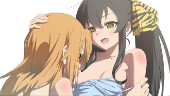 2girls bare_shoulders black_hair breast_sucking breasts brown_eyes camisole camisole_pull clothes_pull highres idolmaster idolmaster_cinderella_girls long_hair looking_at_another matoba_risa multiple_girls nipples open_mouth orange_hair papiyon1297 small_breasts smile twintails upper_body yellow_eyes yuri yuuki_haru