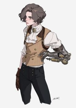 Rule 34 | 1boy, ascot, black pants, brown eyes, brown gloves, brown hair, buttons, closed mouth, commentary, english commentary, exclusiverobert, freckles, gloves, hand on own hip, highres, layered ascot, lies of p, male focus, mechanical arms, official alternate costume, pants, pinocchio (lies of p), prosthesis, prosthetic arm, short hair, signature, simple background, single mechanical arm, solo, standing, white ascot, white background