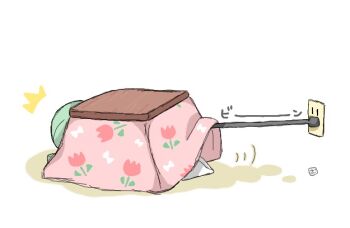 1girl artist_request cord female_focus gardevoir gen_3_pokemon green_hair jpeg_artifacts kotatsu nintendo plug pokemon pokemon_(creature) pokemon_rse signature simple_background solo table text_focus translated white_background