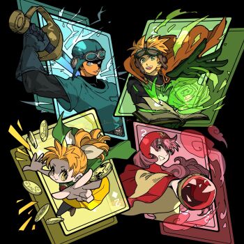 2boys 2girls arm_up belt black_bodysuit blonde_hair blue_eyes blue_gloves blue_hat blue_tunic bodysuit book brother_and_sister cape coin commentary_request cousins curly_hair d_d_work dragon_quest dragon_quest_ii dress fighting_stance floating_cape gloves goggles goggles_on_headwear gold_coin green_cape green_eyes green_gloves green_tabard hair_ribbon hat high_ponytail highres holding holding_staff holding_sword holding_weapon long_hair looking_at_viewer magic multiple_boys multiple_girls open_book open_mouth orange_cape orange_hair outstretched_hand parted_lips ponytail prince_of_lorasia prince_of_samantoria princess_of_moonbrook princess_of_samantoria purple_hair red_eyes red_hood ribbon robe short_hair siblings staff sword tabard tunic upper_body weapon white_ribbon white_robe wide_sleeves yellow_dress yellow_eyes