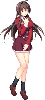 1girl ^_^ ahoge black_socks blazer breasts brown_hair closed_eyes frilled_skirt frills full_body game_cg green_necktie hair_intakes hairband hand_on_own_chest highres jacket large_breasts large_variant_set loafers long_hair long_sleeves maishima_yuri necktie nerawareta_megami_tenshi_angel_tear non-web_source official_art open_mouth pleated_skirt red_jacket school_uniform shirt shoes skirt smile socks solo standing tachi-e transparent_background tsukumo_kazuita variant_set very_long_hair