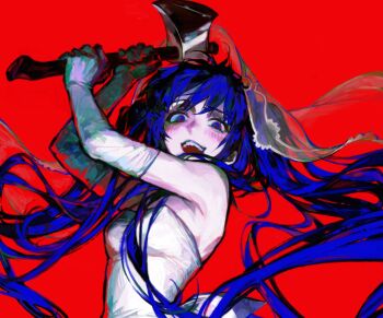 1girl axe blue_eyes blue_hair blush crazy_smile dress elbow_gloves floating_hair furudo_erika gloves highres holding holding_axe incoming_attack kkuang long_hair looking_at_viewer red_background see-through_clothes see-through_veil simple_background smile solo strapless strapless_dress twintails umineko_no_naku_koro_ni upper_body veil wedding_dress white_dress