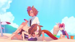 3d 3girls ahoge alternate_costume animal_ears animated anna_anon audible_music beach beach_umbrella brown_hair carrot crown exercising haru_urara_(umamusume) highres koikatsu_(medium) laughing looking_at_phone medium_hair meisho_doto_(umamusume) mini_crown multicolored_hair multiple_girls orange_hair outdoors phone pink_eyes pink_hair ponytail push-ups sand sand_castle sand_sculpture selfie sitting sitting_on_person sound streaked_hair sunglasses_on_head swimsuit t.m._opera_o_(umamusume) tagme tail umamusume umbrella v video