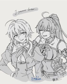 2girls ^_^ ahoge amano_soraha arm_at_side assault_lily bare_shoulders belt belt_pouch breasts buttons chest_belt closed_eyes covered_navel cropped_jacket cropped_torso crossed_bangs detached_sleeves grey_background greyscale hair_between_eyes hand_on_another&#039;s_shoulder hand_on_own_hip high-waist_skirt high_ponytail juliet_sleeves kondou_misaka large_breasts long_hair long_sleeves looking_at_another looking_to_the_side low_ponytail medium_breasts monochrome multiple_girls neck_ribbon open_mouth parted_lips ponytail pouch puffy_sleeves rakko_(rakko_stali99) ribbon school_uniform shirt sideways_glance simple_background skirt sleeveless sleeveless_shirt smile spot_color standing translated upper_body v-shaped_eyebrows yurigaoka_girls_academy_school_uniform