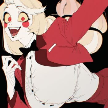black_bow black_bowtie bow bowtie breasts button_gap charlie_morningstar fang from_side hand_up hazbin_hotel hellaverse high_collar highres huge_breasts leaning_forward long_hair long_sleeves looking_at_viewer mukurout narrow_waist open_mouth red_eyes red_shirt shirt smile upper_body white_hair white_shirt