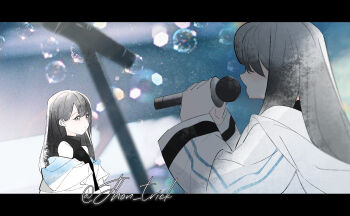 2girls aoki_hina bang_dream! bang_dream!_it&#039;s_mygo!!!!! black_hair black_shirt commentary_request grey_eyes highres holding holding_microphone jacket jhon_trick kaname_raana long_hair microphone multiple_girls off_shoulder shirt takamatsu_tomori voice_actor voice_actor_connection white_jacket youmiya_hina