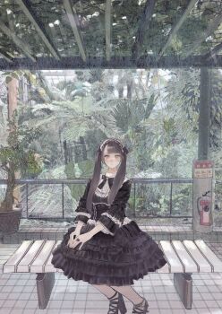 1girl accurate_lolita_coord bench black_bow black_bowtie black_shoes bow bowtie brooch brown_eyes chain chain_necklace closed_mouth crown_necklace dress fire_extinguisher frilled_dress frilled_hairband frilled_shirt_collar frills full_body gothic_lolita greenhouse hairband hands_on_own_thighs high_heels highres indoors jewelry layered_dress lolita_fashion lolita_hairband long_hair looking_at_viewer necklace on_bench original plant potted_plant purupurualiens ring shoes sitting solo twintails