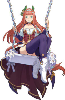 1girl absurdres animal_ears blue_eyes blunt_bangs blush bodice boots breasts choker closed_mouth collarbone corset cropped_jacket ear_covers garter_straps green_eyes hairband highres hime_cut horse_ears horse_girl horse_tail jacket long_hair long_sleeves looking_at_viewer official_alternate_costume on_swing orange_hair orange_tail overskirt pendant_choker purple_choker purple_garter_straps purple_thighhighs red_corset red_shorts shirt shorts silence_suzuka_(umamusume) sitting small_breasts smile solo starting_future_(umamusume) swing tail thighhighs torakinaco umamusume white_boots white_hairband white_jacket wristband