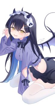 1girl absurdres aibare_hinata black_bow black_bowtie black_hair black_skirt blue_shirt bow bowtie breasts commentary_request cropped_shirt demon_girl demon_horns demon_tail demon_wings hair_ornament hairclip highres horns long_hair long_sleeves looking_at_viewer masquerade_channel midriff shirt simple_background sitting skirt solo tail terano_naa thighhighs virtual_youtuber wariza white_background white_thighhighs wings yellow_eyes