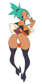 1girl absurdres ass boots breasts cameltoe cerebella_(skullgirls) dark-skinned_female dark_skin detached_collar dress finger_to_cheek full_body green_hair green_lips green_nails highres index_finger_raised large_breasts lipstick looking_at_viewer looking_back makeup nail_polish no_headwear panties pursed_lips short_dress skullgirls solo thigh_boots toshinoshin underwear upskirt white_background