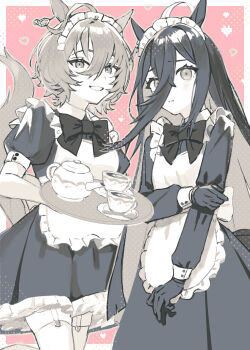 2girls agnes_tachyon_(umamusume) ahoge animal_ears apron black_bow black_bowtie black_dress black_gloves black_hair bow bowtie brown_hair chemical_structure colored_inner_hair cup dress ear_tag earrings embarrassed frilled_apron frills full_body garter_straps gloves hair_between_eyes hand_on_own_arm highres holding holding_plate horse_ears horse_girl horse_tail jewelry long_bangs long_dress long_hair long_hair_between_eyes long_sleeves looking_at_viewer maid_headdress manhattan_cafe_(umamusume) multicolored_hair multiple_girls nochatea parted_lips plate puffy_short_sleeves puffy_sleeves short_hair short_sleeves single_earring smile tail teapot thighhighs umamusume very_long_hair waist_bow white_apron white_bow white_hair white_thighhighs