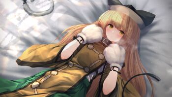 1girl anal_beads anal_tail animated bdsm belt_buckle black_hat blonde_hair bondage bondage_mittens bound brown_collar buckle butt_plug collar cowboy_shot fake_tail green_skirt hat heart heart-shaped_pupils highres leash long_sleeves lying matara_okina mittens non-repeating_animation on_back on_bed open_mouth sex_toy skirt sleeves_rolled_up solo symbol-shaped_pupils tabard tail teruteru12 touhou white_mittens wide_sleeves yellow_eyes yellow_tabard