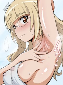 1girl armpits blonde_hair blush breasts brown_eyes closed_mouth covered_erect_nipples dated glasses large_breasts long_hair looking_at_viewer perrine_h._clostermann presenting_armpit sideboob signature solo strike_witches sweat unkai_daraku upper_body world_witches_series