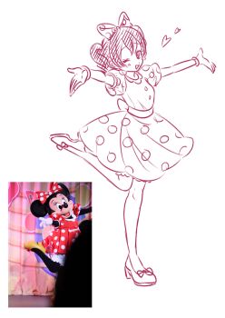 1girl absurdres animal_ears aoiyuuna_811 black_pantyhose bow disneyland dress gloves hair_bow highres humanization looking_at_viewer mickey_mouse_&amp;_friends minnie_mouse mouse_ears open_mouth pantyhose polka_dot polka_dot_dress polka_dot_skirt reference_inset shirt short_hair skirt smile white_gloves