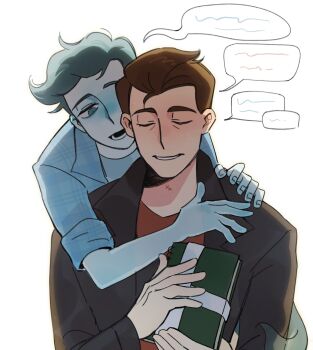 2boys anthony_stellar black_jacket blue_eyes blue_hair blue_shirt blue_skin book brown_hair closed_eyes colored_skin elijah_douchnov ghost highres holding holding_book hug hug_from_behind jacket long_sleeves male_focus multiple_boys my_student_spirit open_mouth red_shirt shirt short_hair simple_background smile speech_bubble teeth upper_body white_background yaoi yy20251111