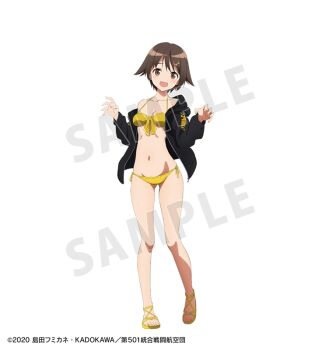 1girl artist_request bikini black_jacket breasts brown_eyes brown_hair collarbone full_body happy jacket miyafuji_yoshika navel official_alternate_costume official_art open_mouth sample_watermark sandals short_hair simple_background small_breasts smile solo standing strike_witches swimsuit watermark white_background white_bikini white_sandals world_witches_series
