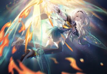 1girl absurdres black_hairband black_jacket breasts closed_mouth cropped_jacket fire firefly_(honkai:_star_rail) floating_hair frilled_sleeves frills full_body gradient_hair green_skirt grey_hair hair_between_eyes hair_ornament hairband henshin high_heels highres holding honkai:_star_rail honkai_(series) jacket long_hair long_sleeves looking_at_viewer medium_breasts multicolored_eyes multicolored_hair neckerchief orange_neckerchief outstretched_arm shirt skirt solo two-tone_eyes white_shirt zima_(zima_zima)