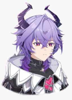 1boy absurdres closed_mouth cropped_torso crossed_bangs dragon_horns genshin_impact hair_between_eyes highres horns male_focus medium_hair mini_durin_(genshin_impact) mini_durin_(human)_(genshin_impact) nya_inuha purple_hair simple_background solo twitter_username white_background