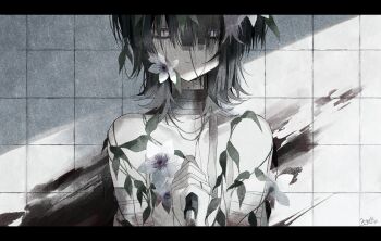 0vermelting404 1girl :| bandaged_arm bandaged_neck bandages black_hair blank_stare check_gender closed_mouth commentary_request flower gender_request hair_between_eyes hair_flower hair_ornament highres holding jitome letterboxed lily_(flower) looking_at_viewer messy_hair original own_hands_clasped own_hands_together plant short_hair smeared_blood solo tile_wall tiles upper_body vines
