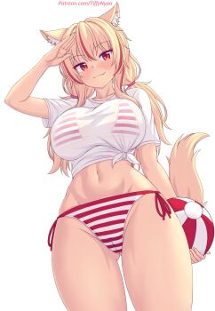 1girl :3 animal_ear_fluff animal_ears ball beachball bikini bikini_under_clothes blonde_hair blush breasts cameltoe cat_ears cat_girl cat_tail commentary english_commentary fang gluteal_fold highres holding holding_ball holding_beachball large_breasts long_hair low_twintails midriff multicolored_hair navel nottytiffy original red_bikini red_eyes red_hair salute see-through_clothes see-through_shirt shirt short_sleeves side-tie_bikini_bottom slit_pupils smile solo standing streaked_hair striped_bikini striped_clothes swimsuit t-shirt tail thighs tied_shirt tiffy_(nottytiffy) twintails underboob watermark web_address wet wet_clothes wet_shirt white_background white_shirt