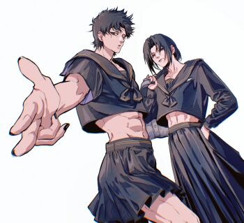 2boys abs alternate_costume bag black_nails black_sailor_collar black_serafuku commentary crop_top crossdressing crossdressing_(mtf) curtained_hair highres holding holding_bag long_skirt looking_at_viewer male_focus midriff miniskirt momoyoru1 multiple_boys naruto_(series) naruto_shippuuden navel one_eye_closed sailor_collar school_bag school_uniform serafuku short_hair simple_background skirt toned toned_male uchiha_itachi uchiha_shisui white_background