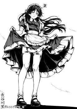 Rule 34 | 1boy, absurdres, alternate costume, alternate hair length (longer), apron, blunt ends, blush, closed mouth, commentary, crossdressing, crossdressing (mtf), curtsey, dress, english commentary, enmaided, fingernails, frilled apron, frilled dress, frills, from below, full body, genshin impact, greyscale, hair ribbon, highres, hootaru u, juliet sleeves, long hair, long sleeves, looking at viewer, maid, maid apron, maid headdress, male focus, male maid, mary janes, monochrome, puffy sleeves, ribbon, scaramouche (genshin impact), shoes, short sleeves, solo, spoken squiggle, squiggle, sweatdrop, thighhighs, tsurime, twitter username, waist apron, white background, wind, wispy bangs
