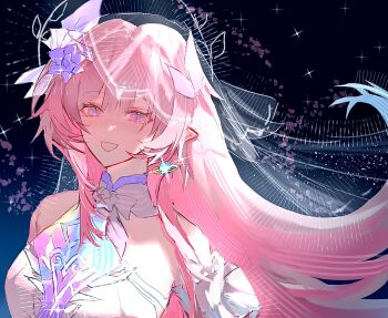 1girl aqua_hair bare_shoulders breasts bridal_veil cyrene_(demiurge)_(honkai:_star_rail) cyrene_(honkai:_star_rail) dress earrings flower hair_flower hair_ornament hashtag-only_commentary highres honkai:_star_rail honkai_(series) irzm30 jewelry large_breasts long_hair looking_at_viewer multicolored_hair pink_hair pointy_ears purple_eyes sky smile solo star_(sky) starry_sky symbol-shaped_pupils two-tone_hair upper_body veil very_long_hair white_dress