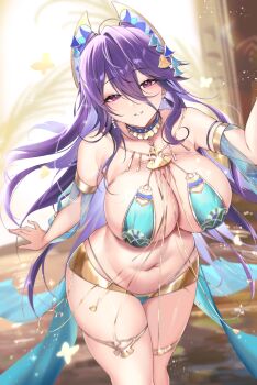 1girl absurdres aqua_bikini armpit_crease azur_lane bare_shoulders bikini blurry blurry_background blush breasts chi_an_(azur_lane) chi_an_(exotic_dreamland)_(azur_lane) cowboy_shot earrings hair_between_eyes hair_ornament hair_spread_out highres huge_breasts indoors jewelry looking_at_viewer navel official_alternate_costume oxygen_mask_(oxygenmask233) parted_lips pink_eyes plump purple_hair smile solo stomach swimsuit thick_thighs thighs water