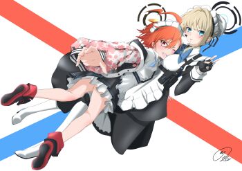 2girls absurdres ahoge between_breasts black_dress black_gloves black_halo black_skirt blonde_hair blue_archive blue_eyes blush boots breasts bun_cover center_frills cheek_press collared_shirt commentary_request dress dutch_angle earrings eyebrows_hidden_by_hair eyelashes fangs fingerless_gloves floating_hair floral_print floral_print_jacket frilled_shirt frilled_skirt frills full_body gloves hair_between_eyes hair_bun hair_intakes halo hand_up head_between_breasts highres huge_ahoge jacket jewelry juliet_sleeves kneepits long_sleeves looking_at_viewer maid maid_headdress maximum7010 medium_breasts miniskirt multiple_girls neru_(blue_archive) one_eye_closed open_clothes open_jacket open_mouth orange_hair outstretched_arm parted_lips pleated_skirt puffy_sleeves reaching reaching_towards_viewer red_eyes red_shoes shirt shoe_soles shoes short_hair signature simple_background single_hair_bun skirt stud_earrings sukajan teeth thighs toki_(blue_archive) upskirt v white_background white_boots white_shirt wide-eyed