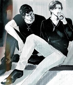 Rule 34 | 2boys, arm around another's waist, beer can, can, commentary request, cross, cross necklace, curtained hair, denim, dojima daigo, drink can, feather necklace, highres, holding, jacket, jeans, jewelry, male focus, mine yoshitaka, monochrome, multiple boys, muted color, necklace, no jacket, official alternate costume, official alternate hairstyle, on floor, pants, ryuu ga gotoku (series), ryuu ga gotoku 3, sitting, time paradox, tyag53, v-neck