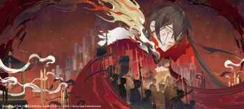 Rule 34 | armor, army, black eyes, blood, blood on face, bloody tears, blue eyes, blue ribbon, bruise, bruise on face, candle, cape, character request, chinese armor, chinese clothes, closed mouth, commentary, english commentary, flag, fur-trimmed cape, fur trim, gu mang, hanfu, heterochromia, highres, holding, holding flag, holding polearm, holding weapon, horrified, injury, long hair, looking at viewer, male focus, mo xi (yuwu), nosebleed, official art, people, polearm, red background, red cape, red pupils, red theme, ribbon, smile, smirk, smoke, solo focus, sparkle, suto (sakumaaritsu), tombstone, topknot, very long hair, weapon, yuwu