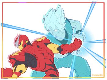 2boys arc_system_works armor clenched_hand company_connection cowboy_shot crossover dougi dragon_ball dragon_ball_fighterz helmet highres iron_man iron_man_(series) kamehameha_(dragon_ball) marvel marvel_tokon:_fighting_souls medium_hair multiple_boys power_armor powering_up red_armor red_helmet shotwilly simple_background son_goku spiked_hair super_saiyan white_background
