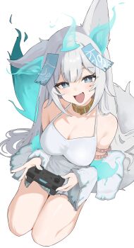 1girl absurdres animal_ears aqua_hair bare_shoulders blue_eyes breasts controller detached_sleeves dress fang fox_ears fox_girl fox_tail from_above game_controller grey_hair highres holding holding_controller holding_game_controller indie_virtual_youtuber kagemoe1003 large_breasts long_hair looking_at_viewer looking_up ofuda ofuda_on_head open_mouth second-party_source simple_background sleeveless sleeveless_dress smile solo tail virtual_youtuber vixi_(vtuber) white_background white_dress wide_sleeves