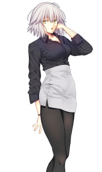 Rule 34 | 1girl, absurdres, ahoge, black pantyhose, black shirt, bracelet, breasts, collarbone, commentary request, fate/grand order, fate (series), high-waist skirt, highres, iro (sekaixiro), jeanne d'arc alter (fate), jewelry, large breasts, looking at viewer, pantyhose, pencil skirt, shirt, short hair, skirt, white hair, white shirt, yellow eyes