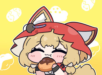 1girl :3 animal_ear_fluff animal_ears arknights arknights:_endfield beleullin blonde_hair cape chibi chibi_only closed_eyes closed_mouth commentary_request ears_through_headwear eating food highres holding holding_food hood hood_up hooded_cape korean_commentary red_cape rossi_(arknights) solo tail wolf_ears wolf_girl wolf_tail