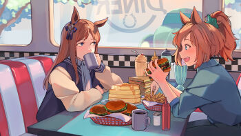 2girls absurdres alternate_costume animal_ears aqua_eyes bendy_straw blue_eyes booth_seating bow brown_hair burger cheese coffee coffee_mug commentary_request cup diner drinking_straw ear_ornament ear_ribbon eyebrows_hidden_by_hair food french_fries fuyukayui glass grass_wonder_(umamusume) hair_ornament high_ponytail highres horse_ears horse_girl horseshoe_print ice_cream jacket ketchup_bottle letterman_jacket light_brown_hair long_sleeves mug multicolored_hair multiple_girls pancake ponytail salt_shaker sandwich sideways_glance star_(symbol) star_hair_ornament sundae taiki_shuttle_(umamusume) toothpick two-tone_hair umamusume volkswagen_beetle