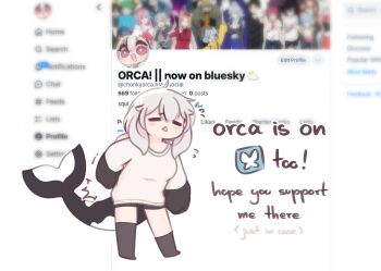 1girl :< =_= ^^^ artist_self-insert black_hair black_socks black_thighhighs bluesky bluesky_logo blurry blurry_background blush_stickers cetacean_tail chibi chonkyorca closed_eyes commentary depth_of_field facing_viewer fins fish_tail flying_sweatdrops grey_hair hair_between_eyes highres long_hair long_sleeves multicolored_hair no_shoes open_mouth orca_(chonkyorca) original puffy_long_sleeves puffy_sleeves single_sock single_thighhigh sleeves_past_fingers sleeves_past_wrists socks solo standing streaked_hair sweater symbol-only_commentary tail thighhighs trembling triangle_mouth white_background white_sweater