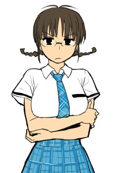 1girl akizuki_ritsuko alternate_breast_size_(larger) antenna_hair arms_under_breasts b_suke black_eyes blue_skirt braid breasts brown_hair commentary_request frown idolmaster idolmaster_(classic) large_breasts plaid_clothes plaid_skirt skirt solo twin_braids upper_body