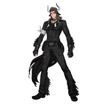 Rule 34 | 1boy, animal ears, arknights, black jacket, brown eyes, brown hair, cow boy, cow ears, cow horns, cow tail, earrings, full body, horns, jacket, jewelry, leather, leather jacket, looking at viewer, male focus, matterhorn (arknights), medium hair, official art, pectorals, ryuuzaki ichi, solo, tail, toned, toned male