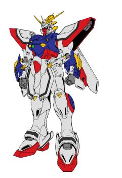 blue_eyes clenched_hands full_body fusion g_gundam glowing glowing_eyes god_gundam gundam highres mecha mecha_focus no_humans robot science_fiction shining_gundam shinobufujiwara solo standing super_robot v-fin white_background