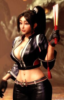 1girl 3d animated animated_gif black_jacket black_pants blurry blurry_background breasts brown_eyes brown_hair cleavage collarbone cropped_jacket fatal_fury fatal_fury:_city_of_the_wolves female_focus game_screenshot indoors jacket large_breasts leather leather_jacket leather_pants matching_hair/eyes midriff motoyui navel pants shiranui_mai snk solo street_fighter street_fighter_6 video_game_screencap