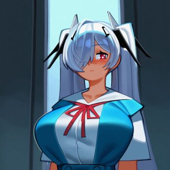 1girl ai-assisted ayanami_rei ayanami_rei_(cosplay) breasts cinderella_(nikke) cosplay goddess_of_victory:_nikke hair_over_one_eye hiita_(hitta_99) large_breasts long_hair neon_genesis_evangelion red_eyes school_uniform shiny_eyes solo tokyo-3_middle_school_uniform twintails upper_body very_long_hair white_hair