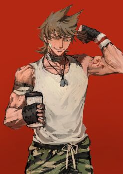 Rule 34 | 1boy, absurdres, alternate costume, animification, arm tattoo, bandage on cheek, bandaged arm, bandaged neck, bandages, biceps, black eyes, black gloves, brown hair, camouflage, camouflage pants, clenched hand, cup, dog tags, dora (dorrra05), eddsworld, fang, fingerless gloves, flexing, flipped hair, gloves, green pants, hair ears, highres, holding, holding cup, looking at viewer, male focus, pants, red army logo (eddsworld), red background, short hair, simple background, smirk, solo, tank top, tattoo, toned, toned male, tord (eddsworld), upper body, white tank top, wristband
