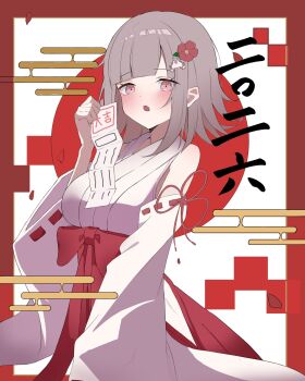 1girl :o blush breasts brown_hair commentary_request danganronpa_(series) danganronpa_2:_goodbye_despair flipped_hair flower hair_flower hair_ornament highres japanese_clothes kimono large_breasts long_sleeves looking_at_viewer medium_hair nanami_chiaki phare_(spring_ha1ru) pink_eyes red_background red_flower solo white_background white_kimono