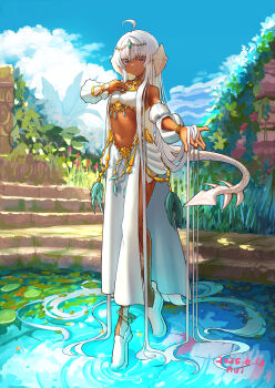 1girl absurdres ahoge armpits au_ra breasts closed_mouth crop_top dancer dancer_(final_fantasy) dark-skinned_female dark_skin dated dragon_horns dragon_tail eyebrows_hidden_by_hair final_fantasy final_fantasy_xiv full_body hand_on_own_hip highres horns jewelry lily_pad long_hair looking_at_viewer navel nuittter outstretched_arm purple_eyes ripples ruins sarong shoes small_breasts smile solo stomach tail tiara very_long_hair walking walking_on_liquid warrior_of_light_(ff14) white_hair white_sarong white_shoes